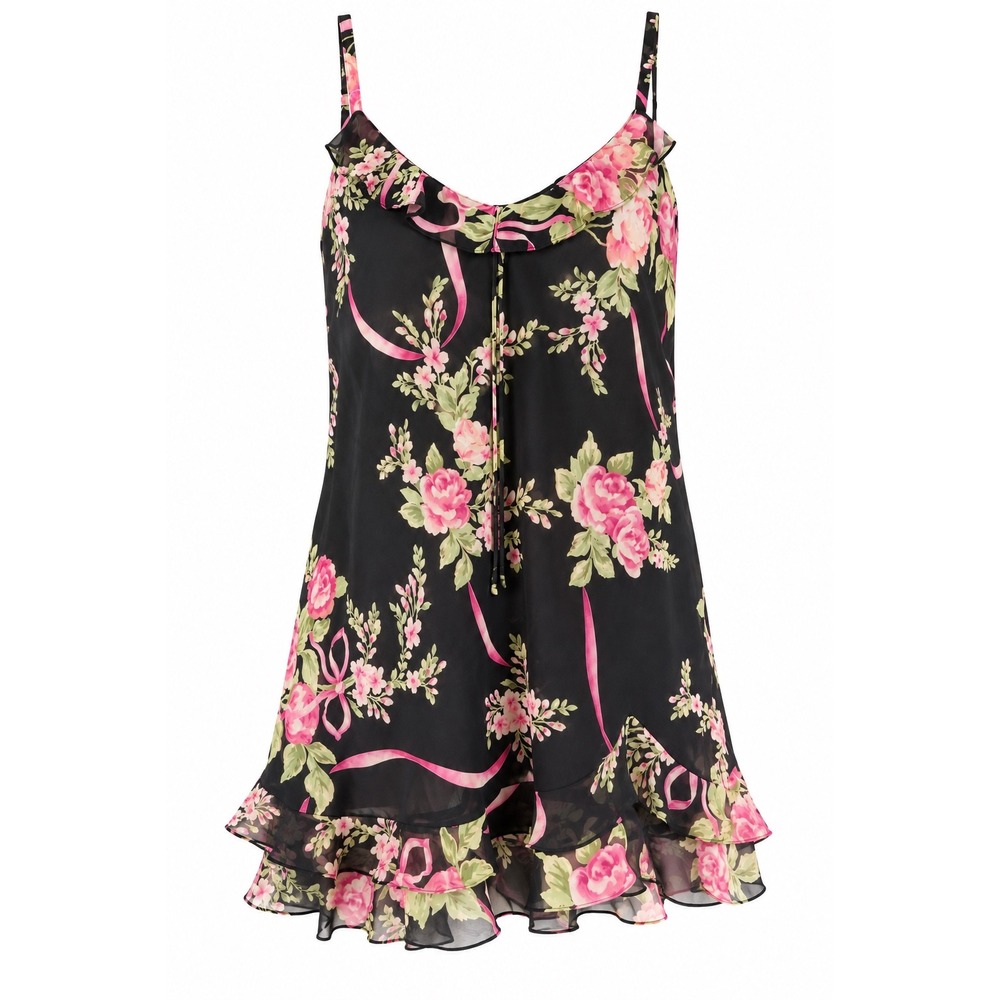 Oscar de la Renta Floral Romanic Ruffle Chemise Nightgown Womens XL Black Pink